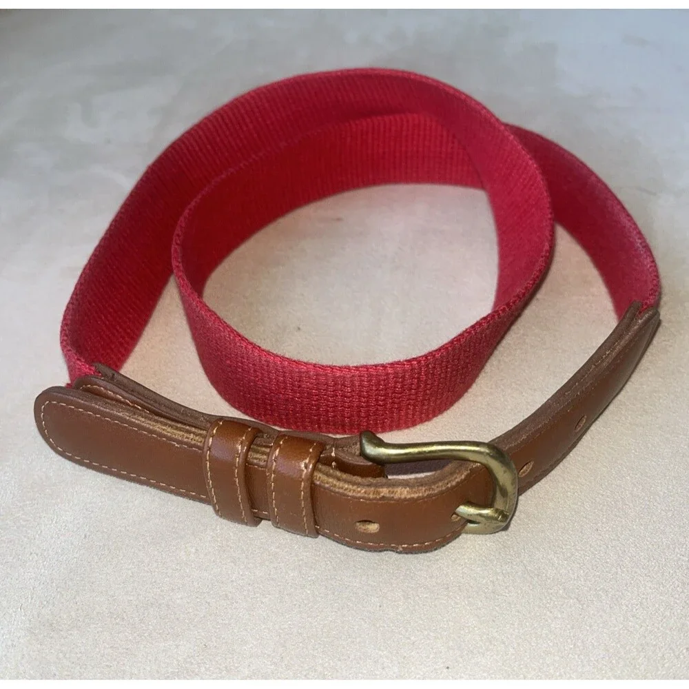 Vintage Coach Red Linen Brown‎ Leather Tab Brass Buckle Belt 34